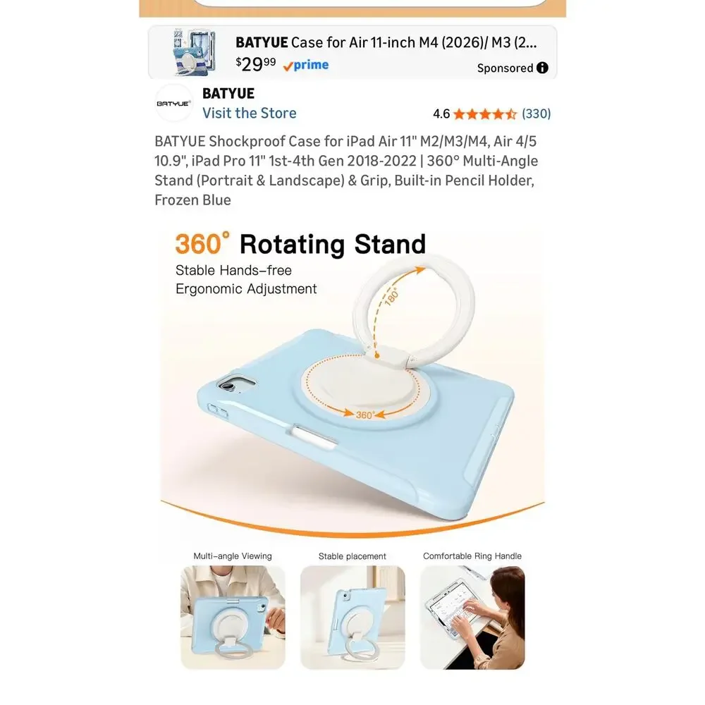 BATYUE Shockproof iPad Air Pro 11” Case 360° Stand Ring Grip Pencil Holder Blue